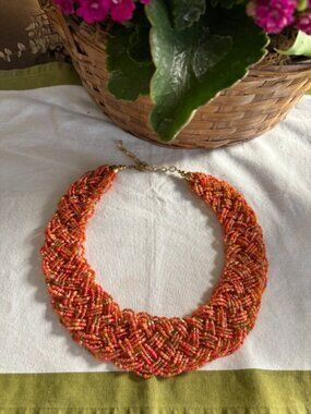 Beautiful Coral Coloured Woven Bead Necklace